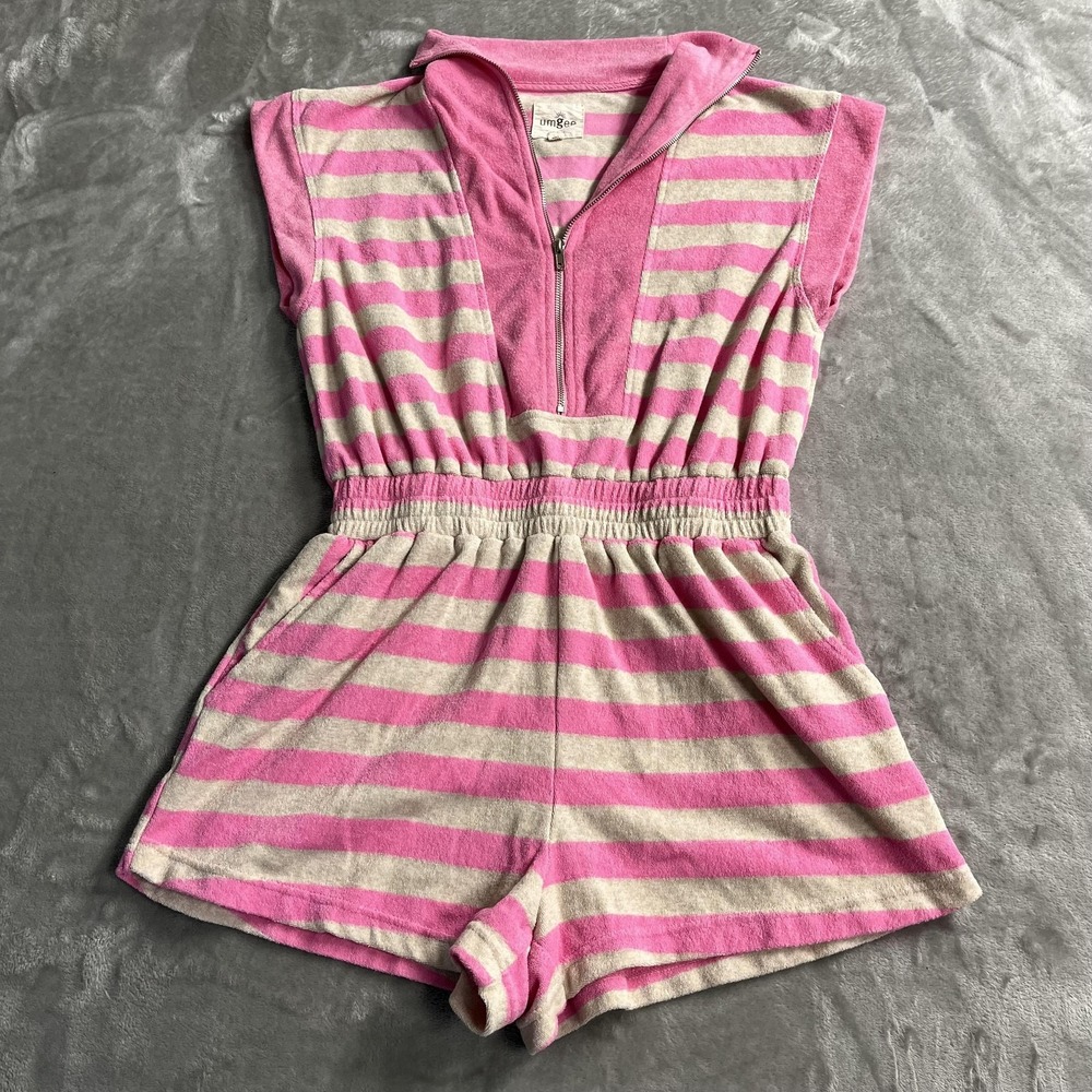 Umgee Romper Womens M Pink Stripe Terry Collared Zip Front Elastic Waist Pockets